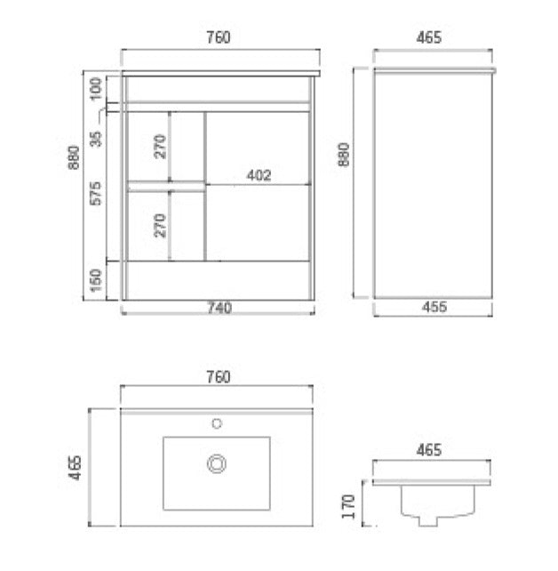 750 OAK Vanity, Kickboard, Slimline Ceramic top – Better Bathrooms